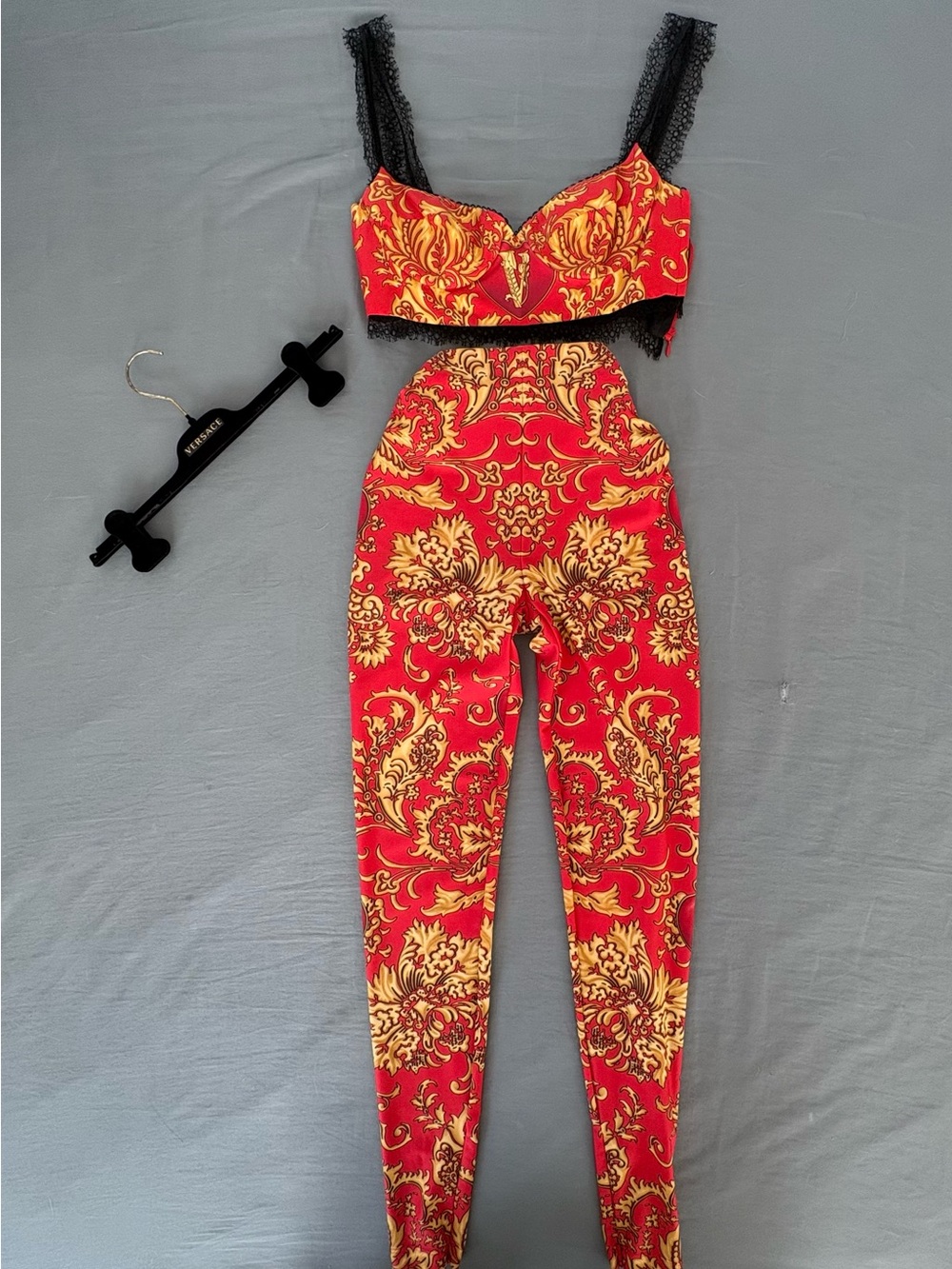 Versace Red and Gold Baroque Skinny Pants Set